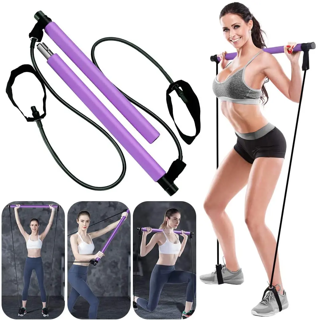 

Portable 8 Shape Chest Rally Pull Rope Muscle Toning Bar Yoga Pilates Stick Pilates Bar Kit with Resistance Band, Purple, pink, blue