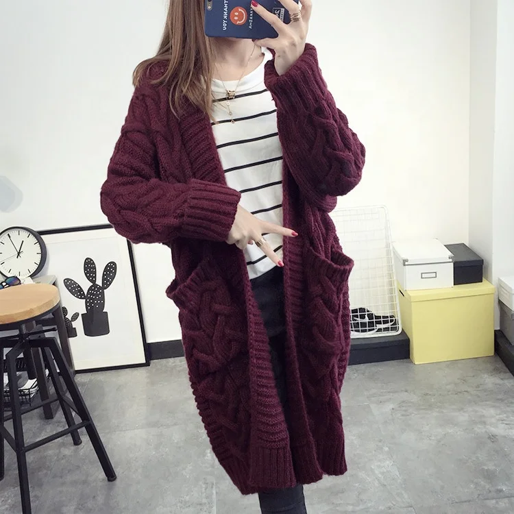 

B22357A Hot style new loose and simple V-neck knit twist fashion cardigan medium and long sweater coat