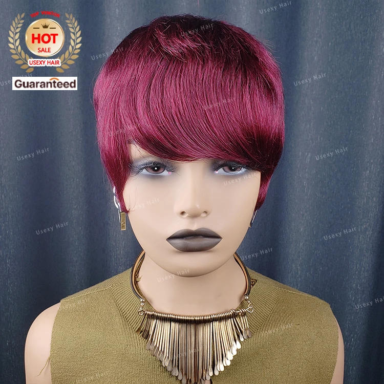 Ready to Ship 99J Color Short Pixie Cut bob Wig Uticle Aligned Brazilian Bob Wig with Bangs for Women Raw Virgin Human Hair Wigs