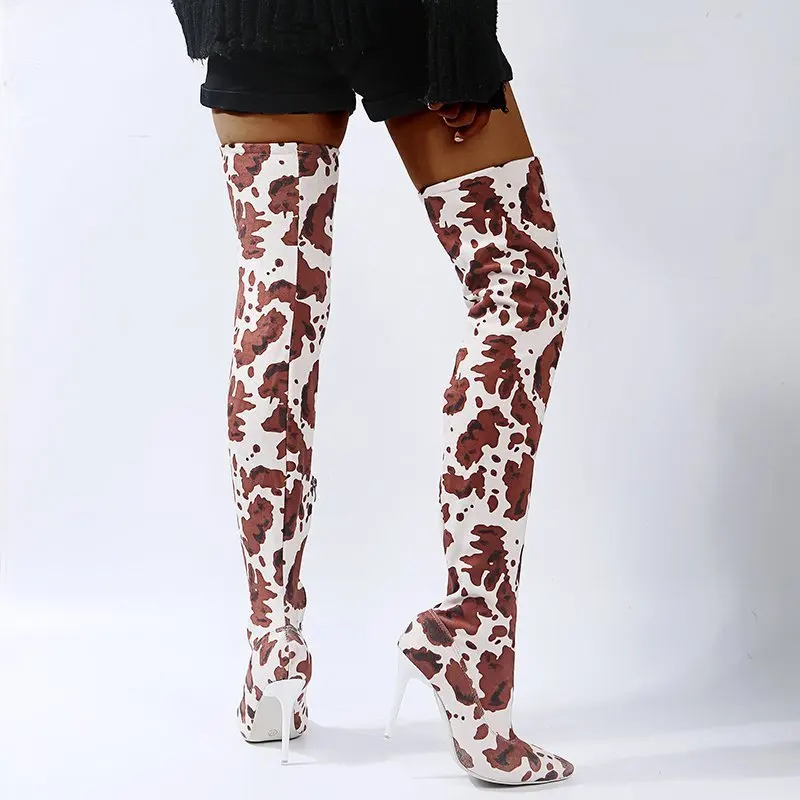 

Cow Pattern High Tube Over The Knee Boots Large Size Stiletto Boots Women Ladies Boots