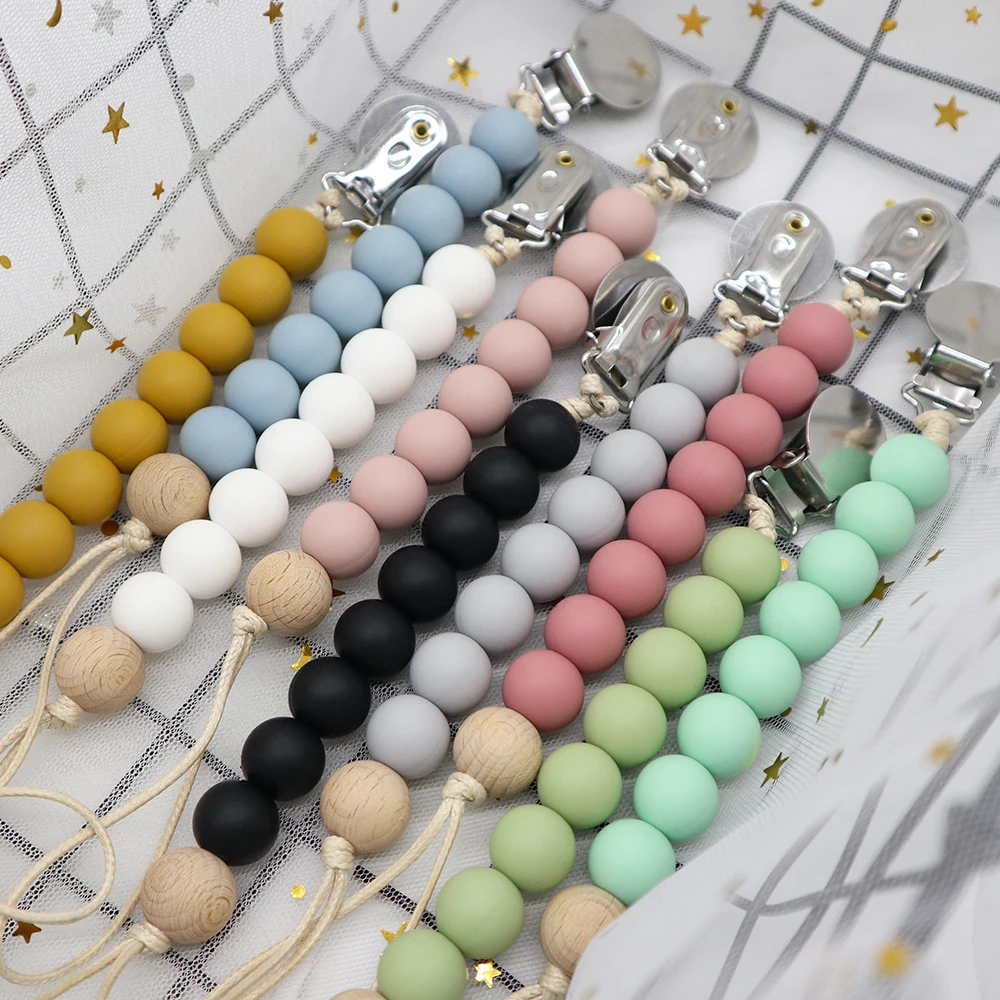 

Popular made in china dummy holder silicone chain with stainless steel baby pacifer clips, Multi colors, can customize