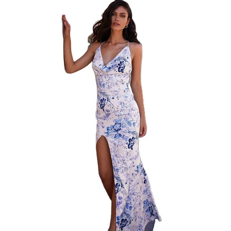 

LEX new products summer hot selling fashion Blue and white porcelain printing backless halter Split dress