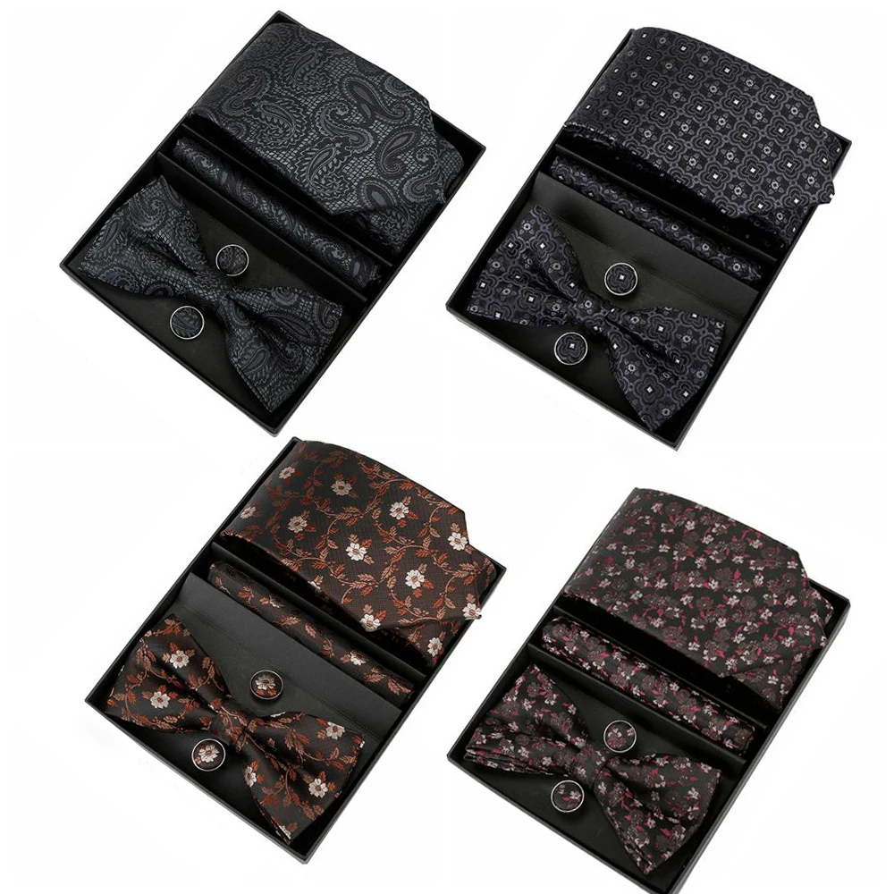 

Black Brown Floral Mens Ties and Pocket Square Paisley Bow Ties Gift Set Handkerchief With Cufflinks For Men