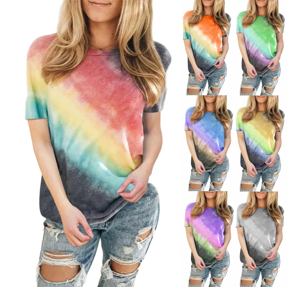 

2021 Summer Hot Sale Item Factory Stock Large Size Tie-dye Gradient Color Round Neck Short-sleeved T-shirt Loose Casual T-shirt