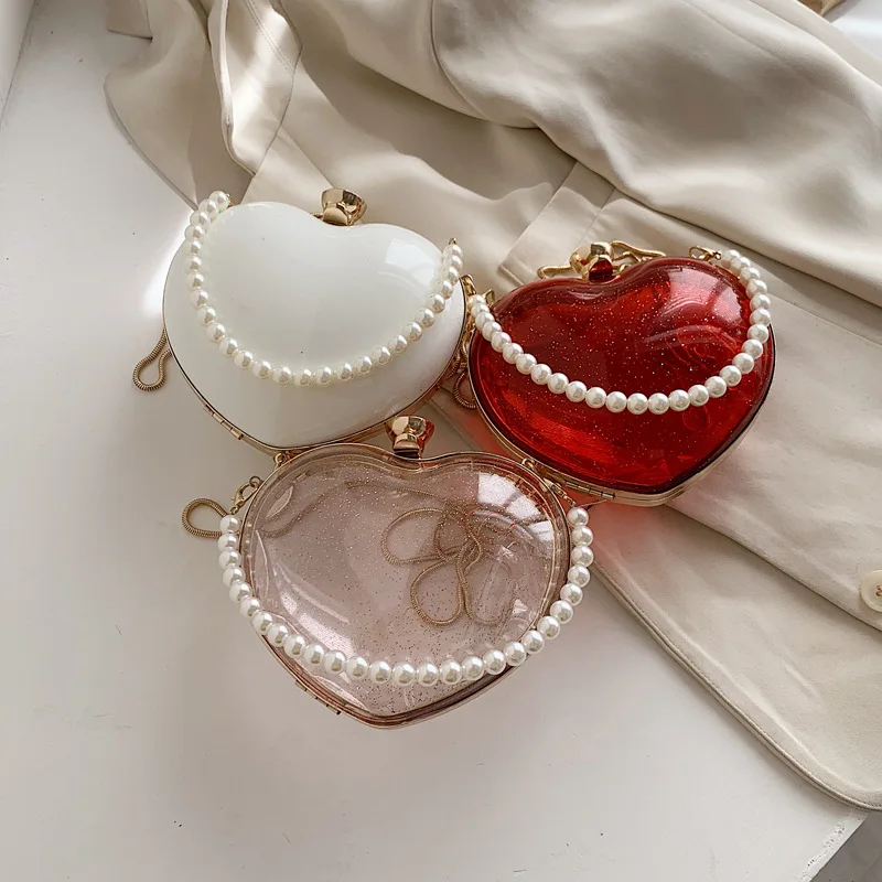 

Fashion acrylic crossbody evening clutch handbags pvc transparent girl shoulder heart shaped purse, Red,white,pink