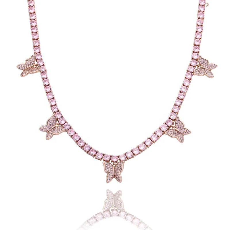 

Fashion Rose Gold Plated Hip Hop Jewelry Zircon Butterfly Tennis Chain Necklace