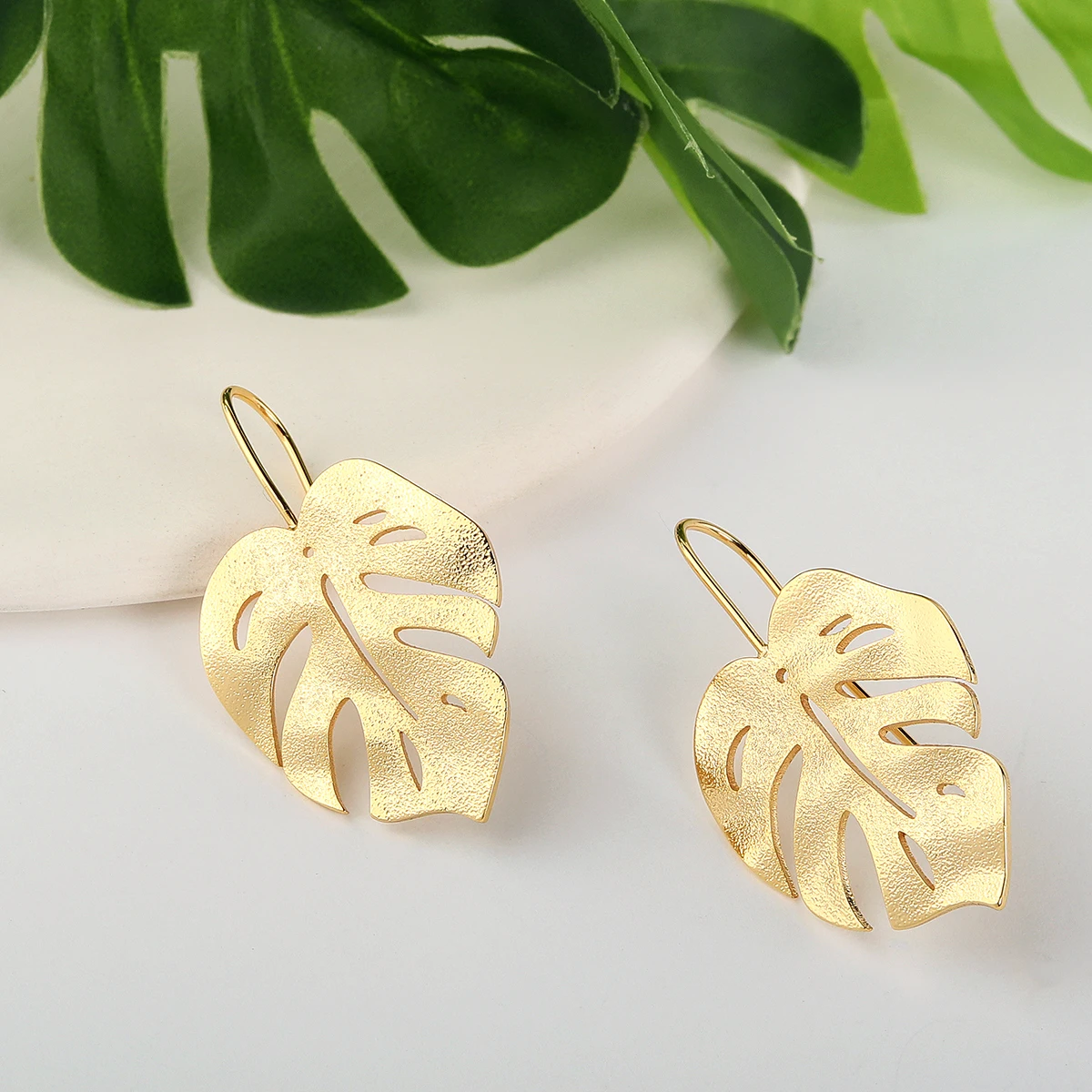 

Tropical jewelry Gold plating hot sale gold finishing copper Monstera leaf earrings for women