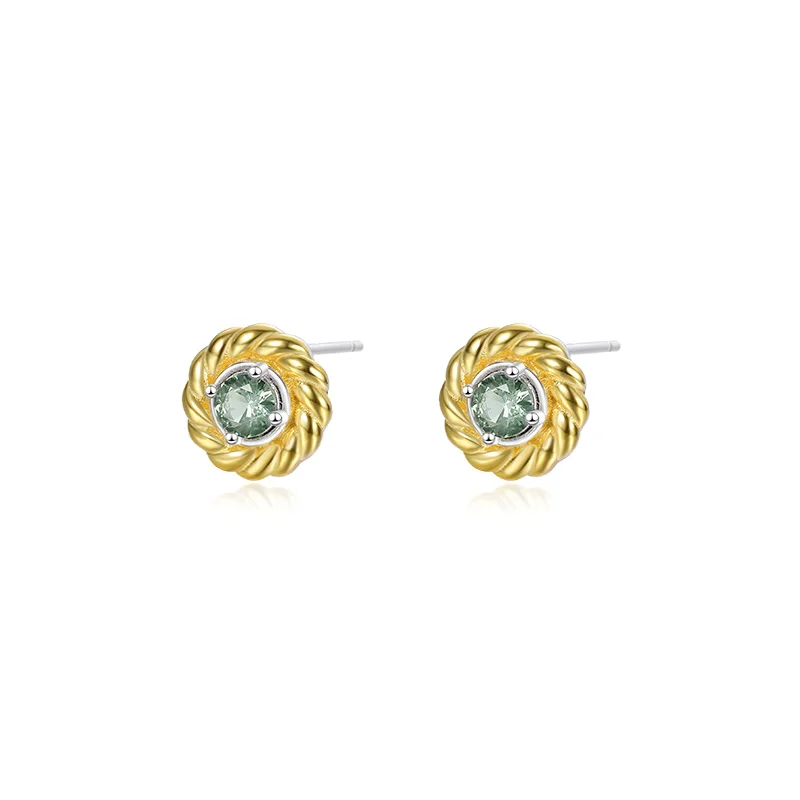 

New Trendy 925 Sterling Silver 18K Gold Plated Twisted Round Shape One Zircon Stone Stud Earrings