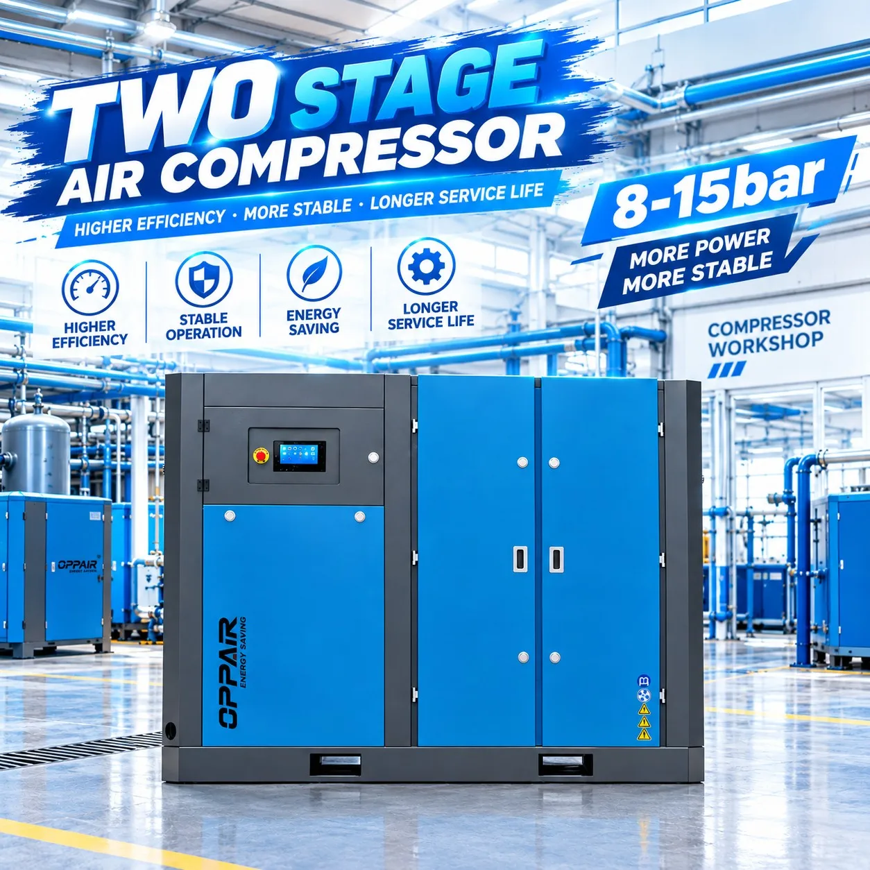 OPPAIR Two Stage Air Compressor 8-15bar - Higher Efficiency, Stable Operation, Energy Saving, Longer Service Life