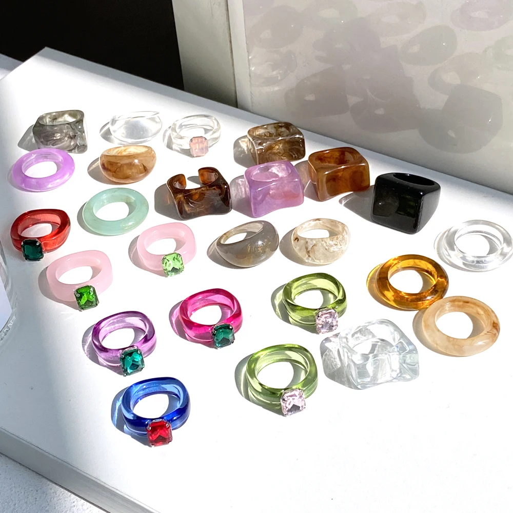 

Ins Aesthetic Colorful Transparent Resin Acrylic Crystal Geometric Irregular Square Rings for Women Trendy Jewelry