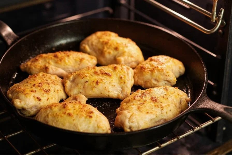 Oven-safe skillet with lemon pepper chicken baking in oven showing golden crust formation