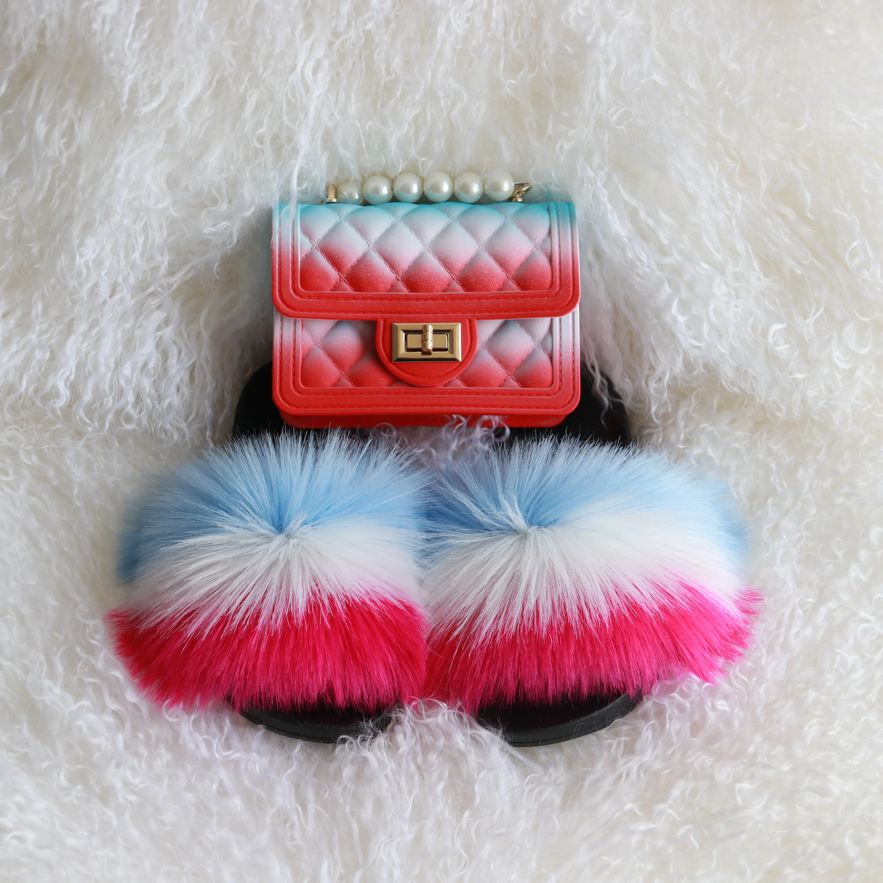 

Curlyfur new designer little kids girls slipper mini jelly handbag summer extra fluffy fur sandals and purse sets