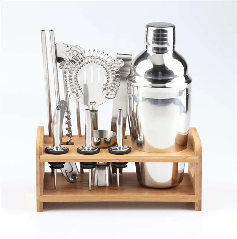 

Amazon Hot 13 in 1 Bar Tool 550ml/750ml Stainless Steel Cocktail Shaker Bartender Set Bartender Kit with Wood Stand