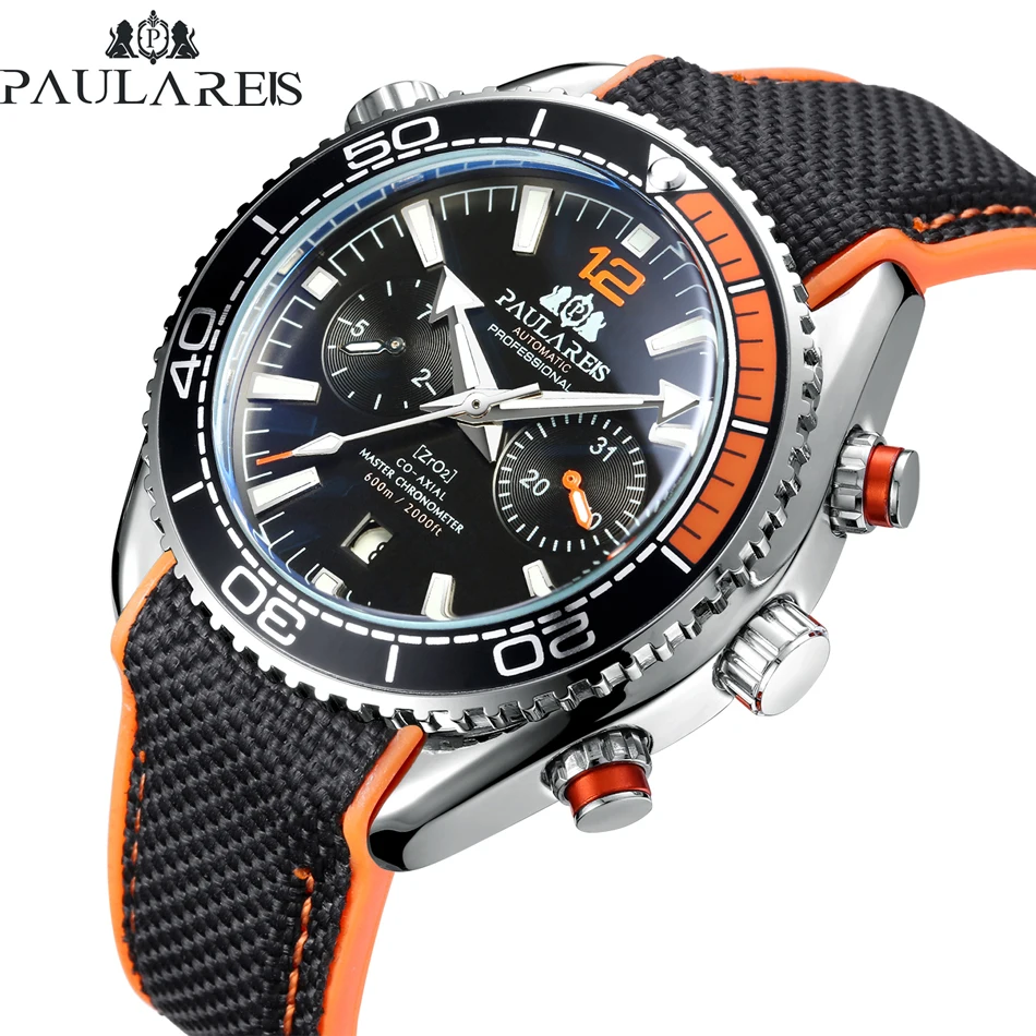 

Paulareis Men Automatic Self Wind Mechanical Canvas Rubber James Bond 007 Style Orange Blue Multifunction Date Month Sport Watch, 14 colors