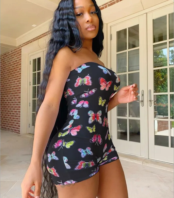 

2020 summer Butterfly Printed Women's Strapless Sleeveless Jumpsuits Skinny Bodycon Rompers, 3 colors