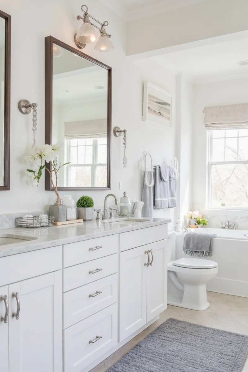 Close-up of matte black faucet, towel bar, and light fixtures