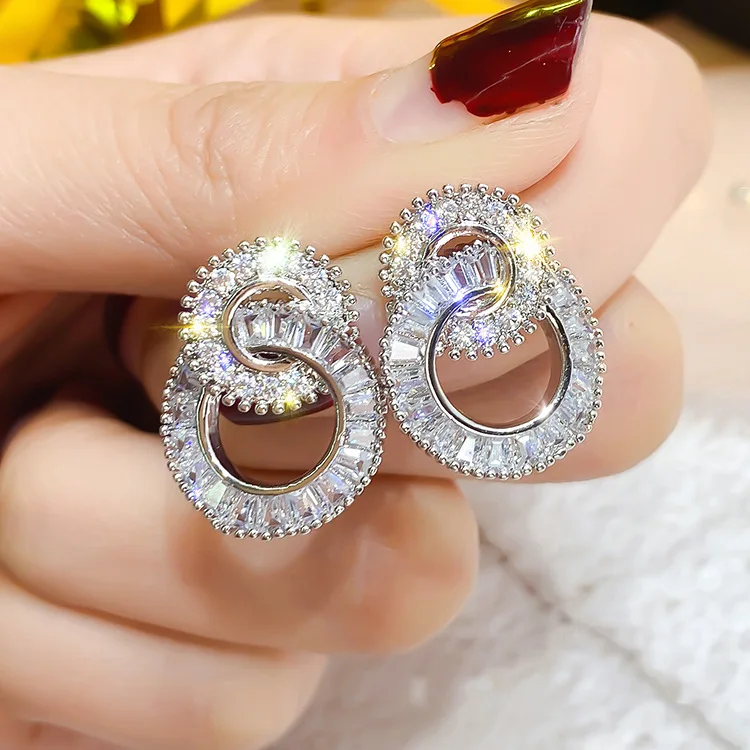 

fashion trendy small cubic zirconia cz crystal circle stud earrings