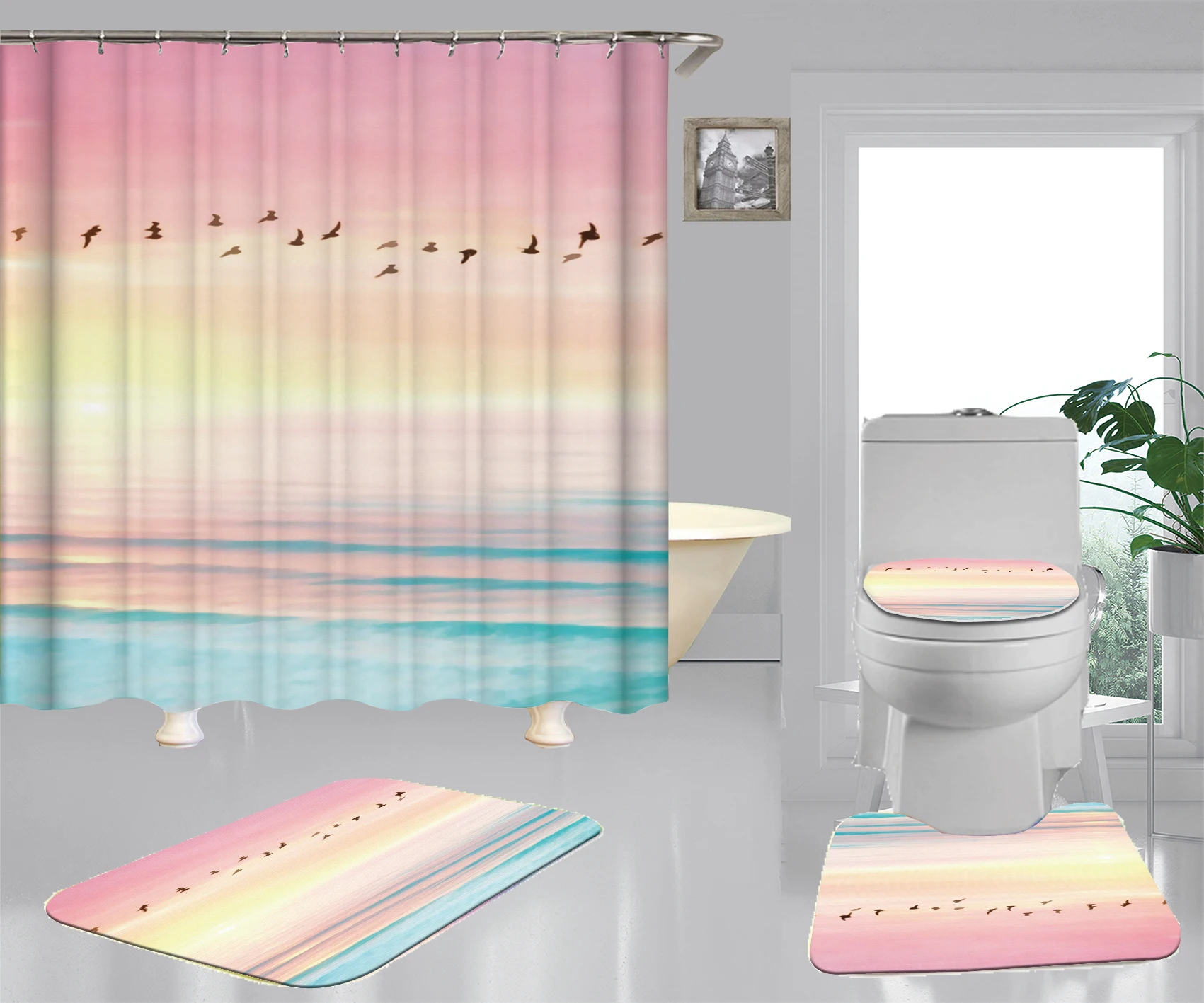 

Pink Sunset Print Bathroom Shower Fashion A Row Of Bird Prints Non-slip Bathroom Mat