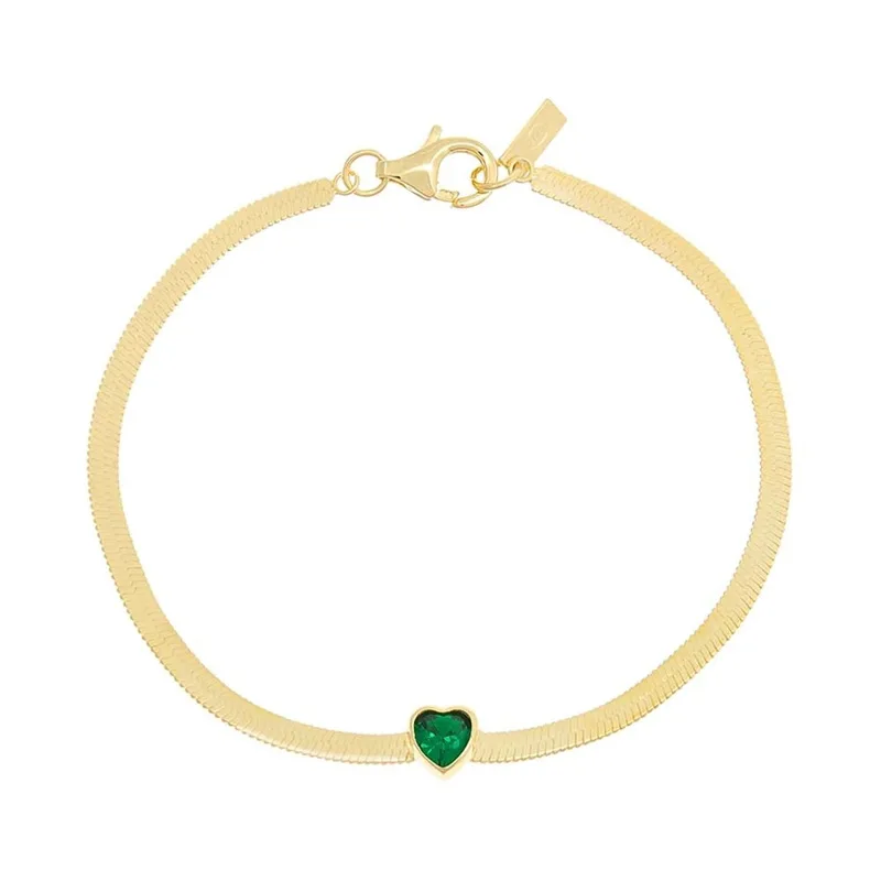 

New Trendy 925 Sterling Silver Pink 18K Gold Plated Snake Chain Dainty Green Heart Shape Zircon Charm Bracelet