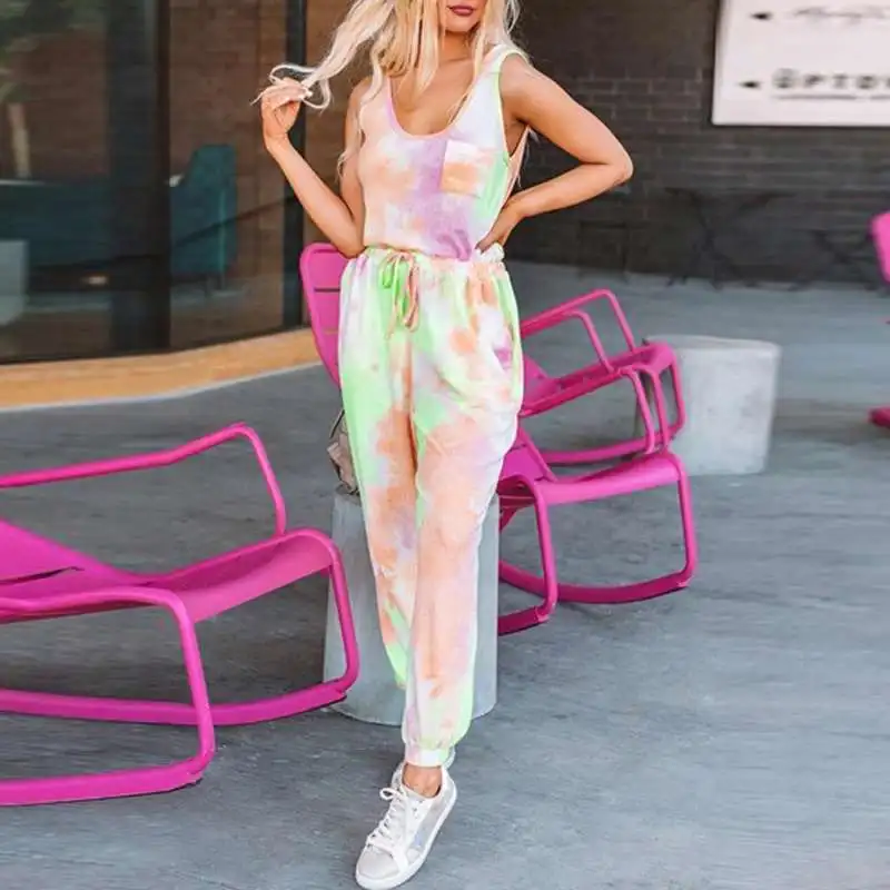 

Summer Two Pieces Tie Dye Women Set Sexy O Neck Sleeveless Shirt and Drawstring Long Pants Suits Elegant Pocket Casual Tracksuit