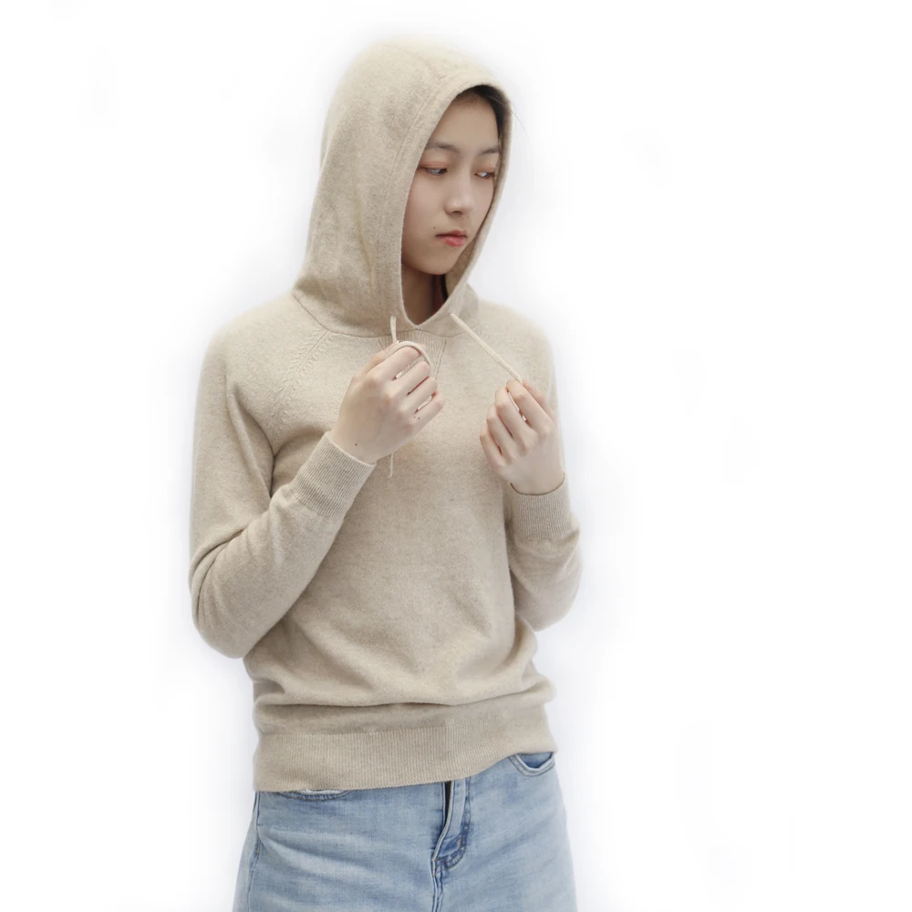 

Top Quality Women'S Winter Warm Cashmere Knit Sweater With Hooded, Beige