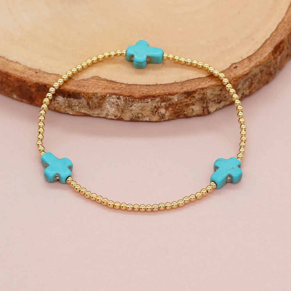 

Go2boho Wholesale Turquoise Charm Cross Beaded Bracelet Women Pulsera Couple Men Fashion Jewelry Boho Gold Plated Bead Bracelet