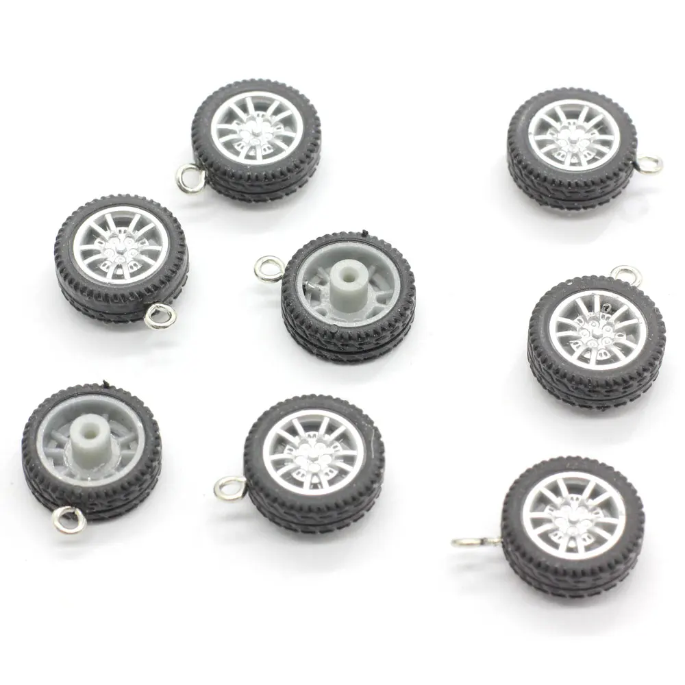 Cute 100pcs Plastic Car Wheel Charms Black Tire Pendant Crafts Key Chains Keychain Accessiroies Necklace Jewelry Making DIY