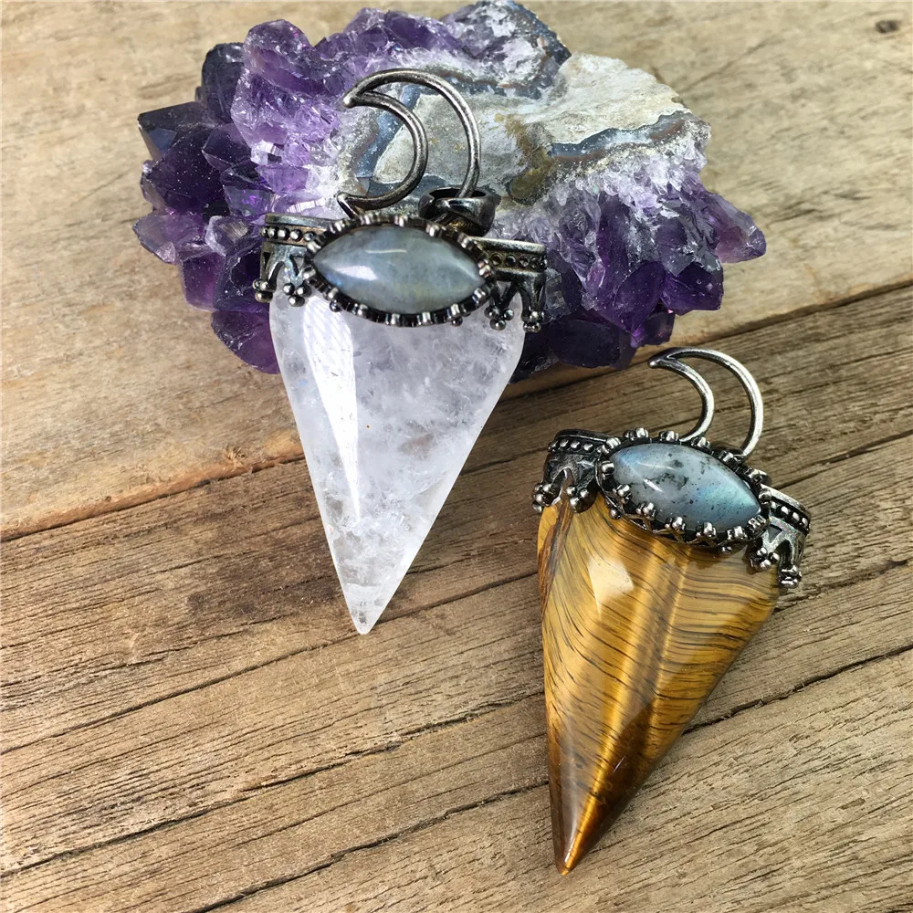 

LS-A2672 fashion gemstone pendant necklace,raw stone crystal clear quartz tiger eye point triangle shaped pendant necklace