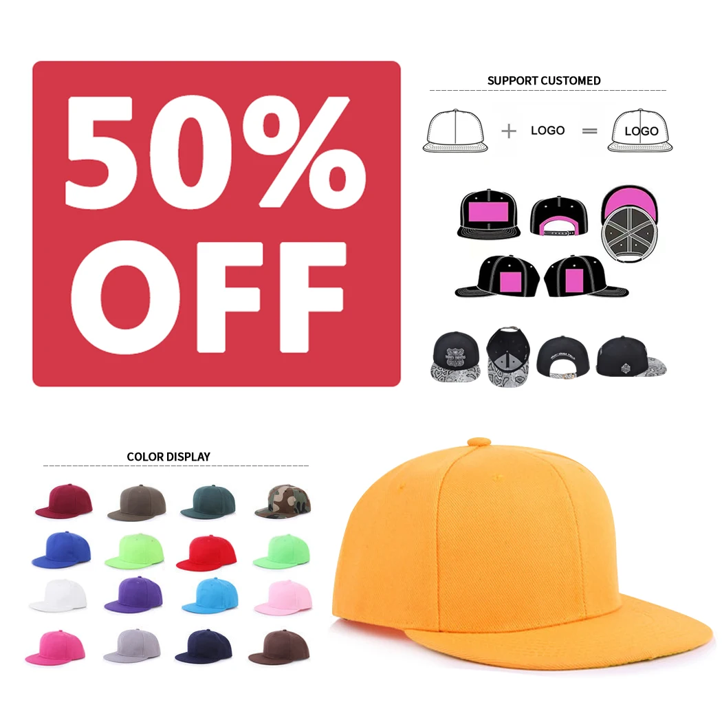 

50% off wholesale Custom Logo flat brim baseball Cap yupoong snap back hat suppliers men women plain blank Snapback Cap