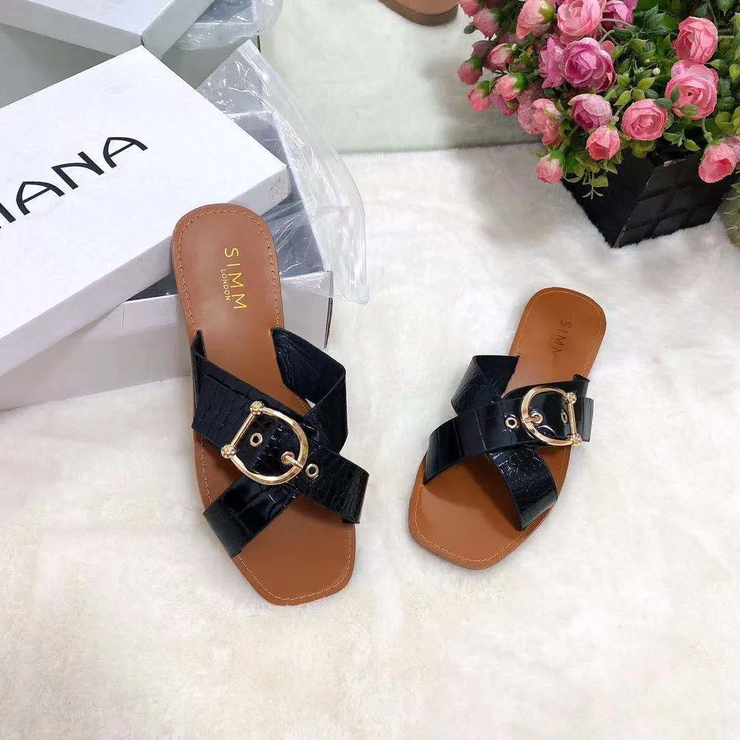 

Croc embossed cross strap women slides slippers square peep toe lady flats mule outer wear female sandals for summer