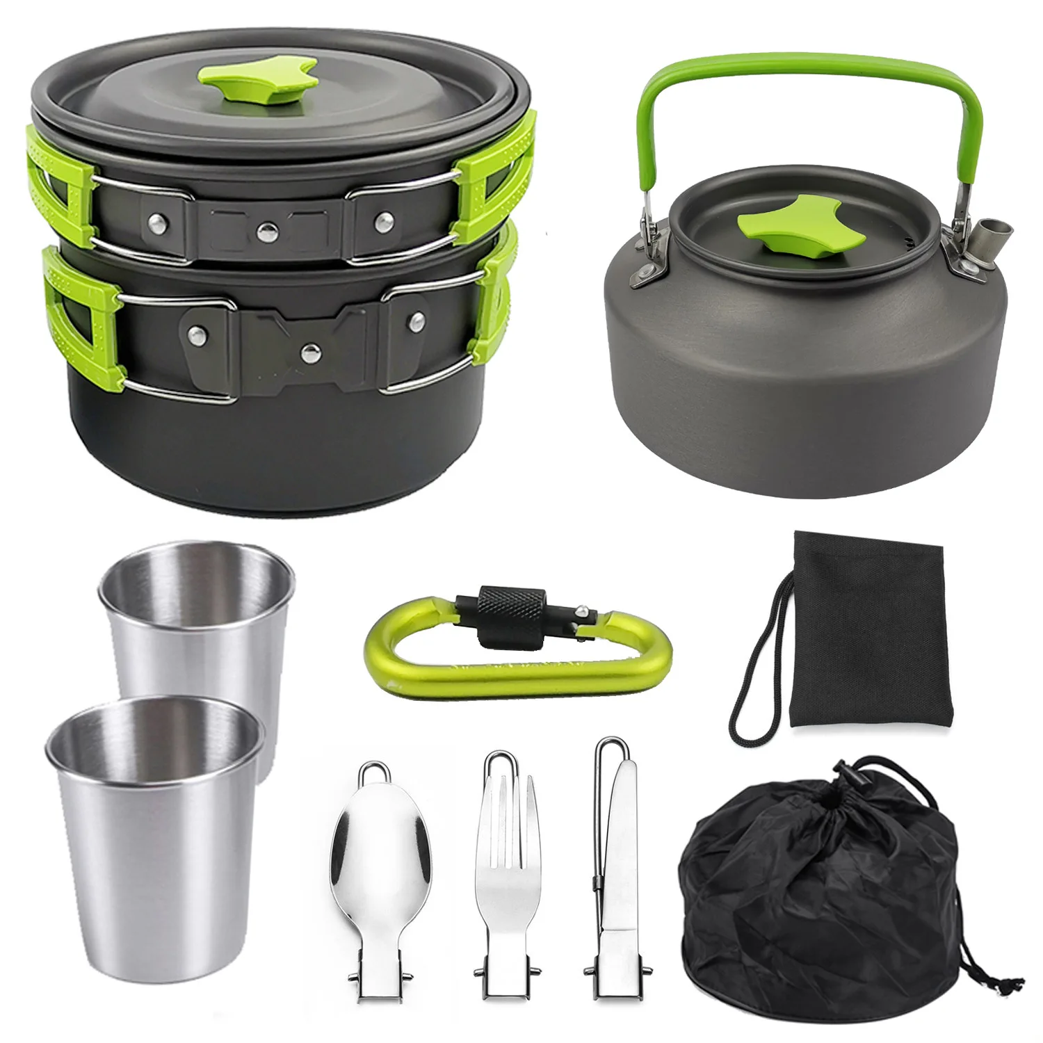 

Amazon Hot Selling Camping Pot Aluminum Oxide Portable Cooking Set, Green,orange,black