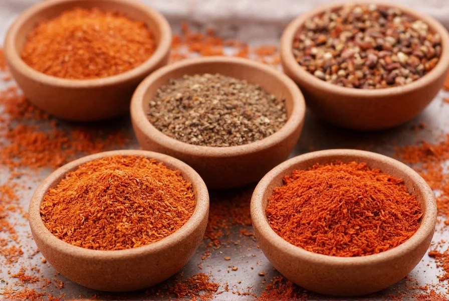 Close-up comparison of red pepper flakes and common substitutes including cayenne, Aleppo pepper, and paprika in small bowls