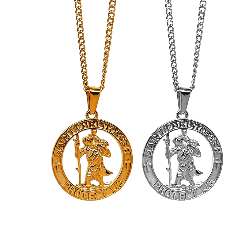 Religious Patron Saint Benedict Pendant St Christopher Gold Necklaces Gold hiphop Cross Saint Christopher Protect Us Necklace