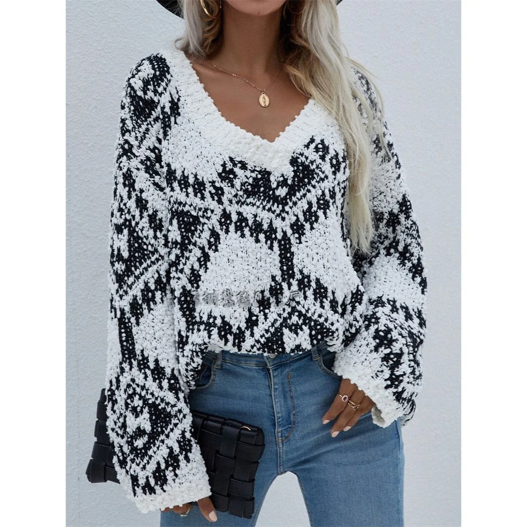 

Free Shipping O241 Women Spring Autumn Sweaters Color Matching Patchwork Design Tassel Decor V-Neck Long Sleeve Casual Loose