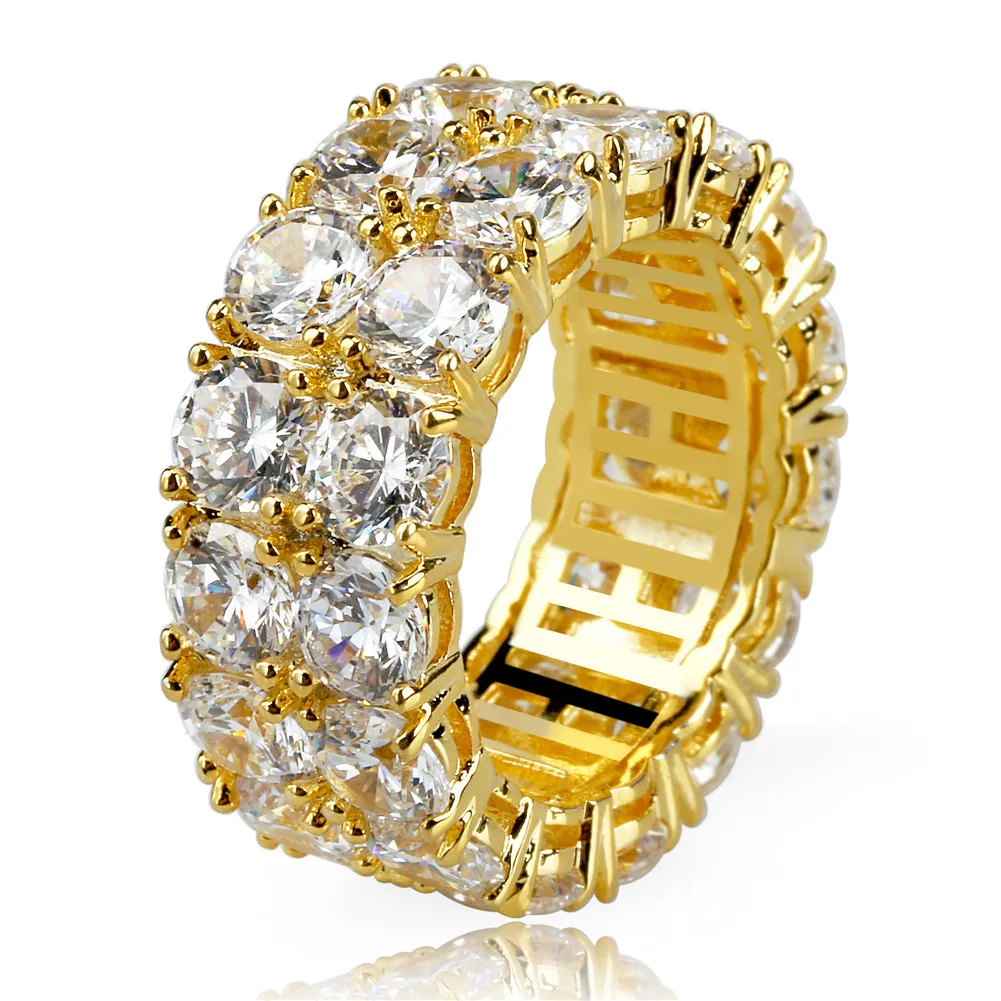 

Aliexpress Amazon wish eBay New Design Plated Ring MicroGold Paved 2 Row Chain Big Zircon Shiny Hip Hop Finger Ring Men Women, Gold, silver