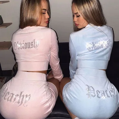 

Fall Fashion Tight Velet Zipper Diamond Letters Crop Top Xs Ladies 2 Two Piece Set Short Coat Mini Bodycon Skirt Women Dresses, Picture