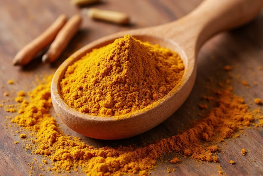 Close-up photograph of golden-brown cumin powder in a wooden spoon against a rustic kitchen background