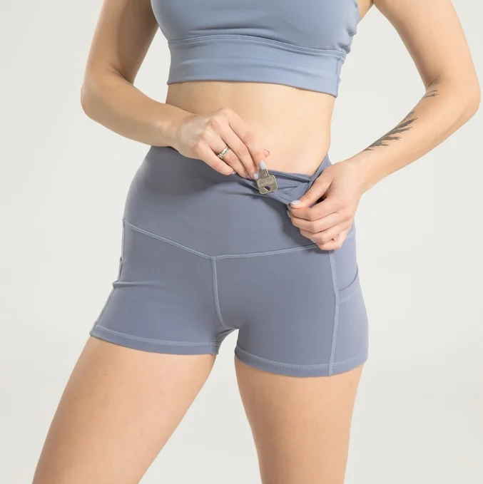 

OEM Female High Waist Key and Cell Pockets Running Shorts Women Fitness Compression Tights Tummy Control Yoga Short Pants