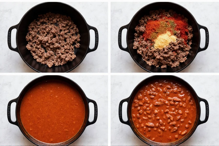 Step-by-step ground beef chili cooking process showing browning meat, adding spices, and final simmered chili in cast iron pot