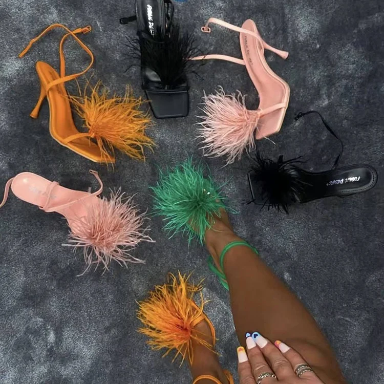 

2022 New Fur Fluffy High Heel Flip Flops Pump Sandals Women Feather Heels, Pink, green, orange, black