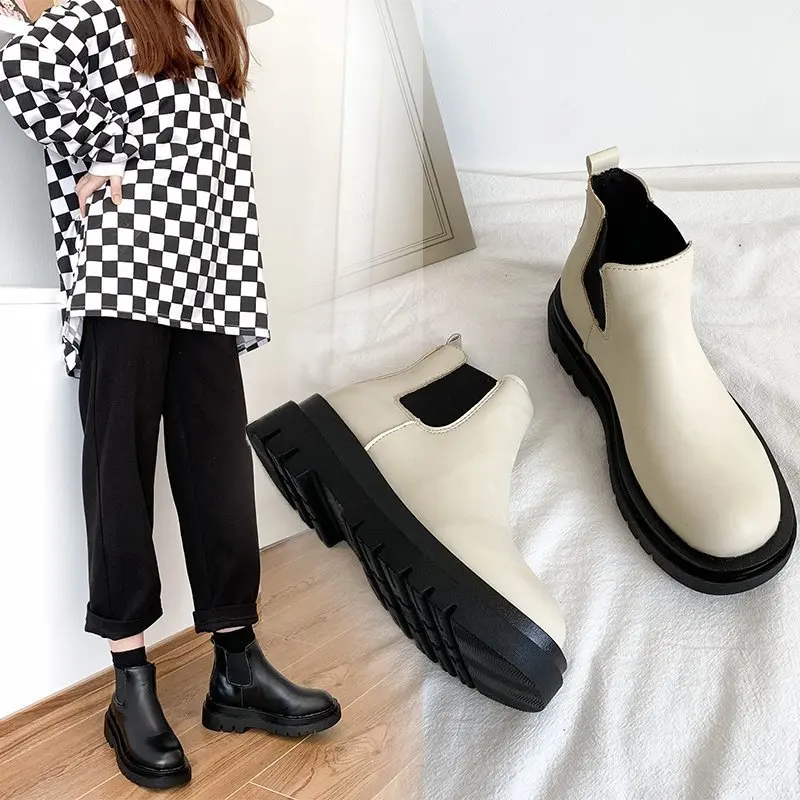 

Women's Ankle Boots Platform Shoes Chelsea Fashion Short Boot Winter Footwear Female Chunky Slip-on Korean Harajuku, Black,beige