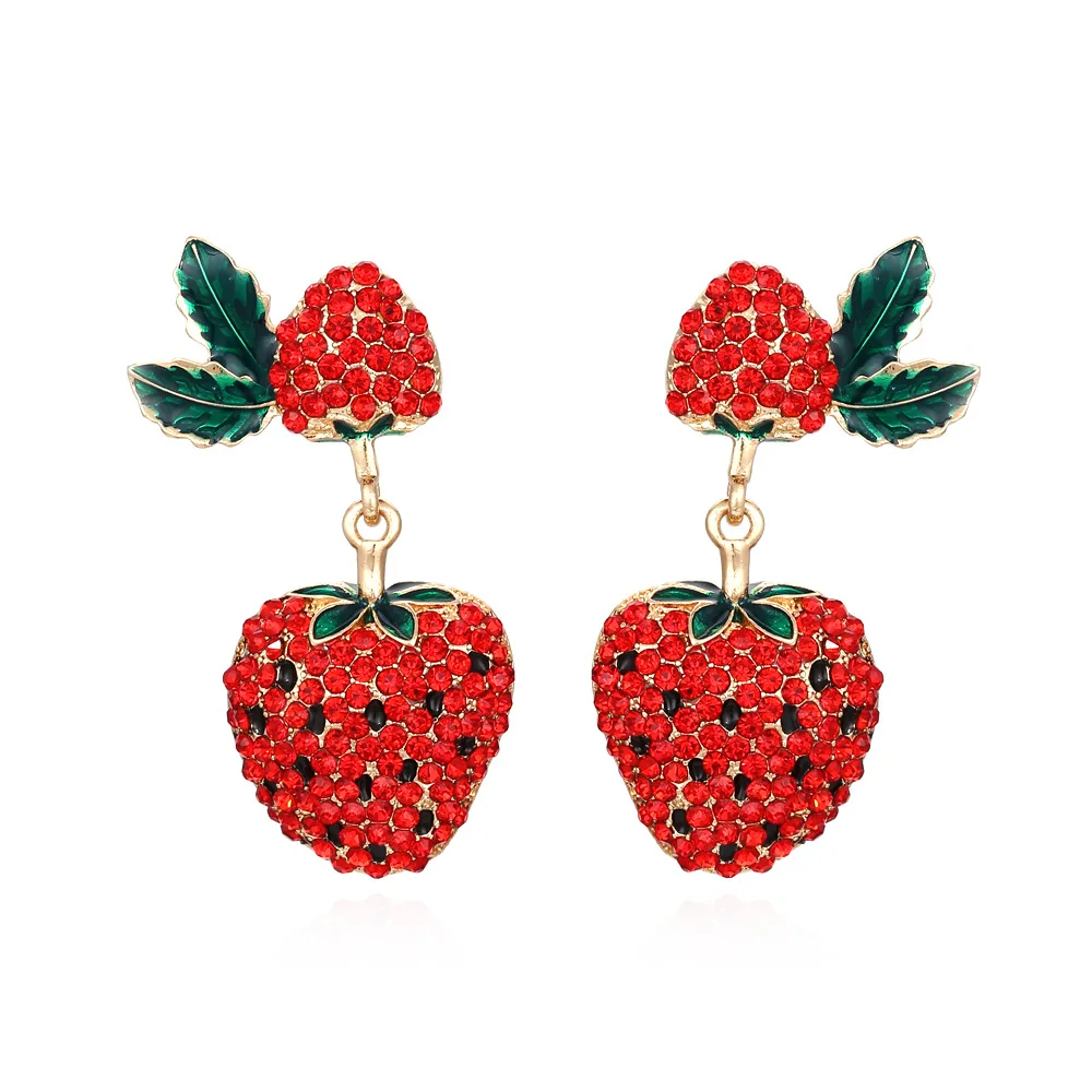 

Exaggerated Alloy Inlaid Glass Diamond Strawberry Earrings Personality Creative Dripping Fruit Retro Earrings For Women, Like picture