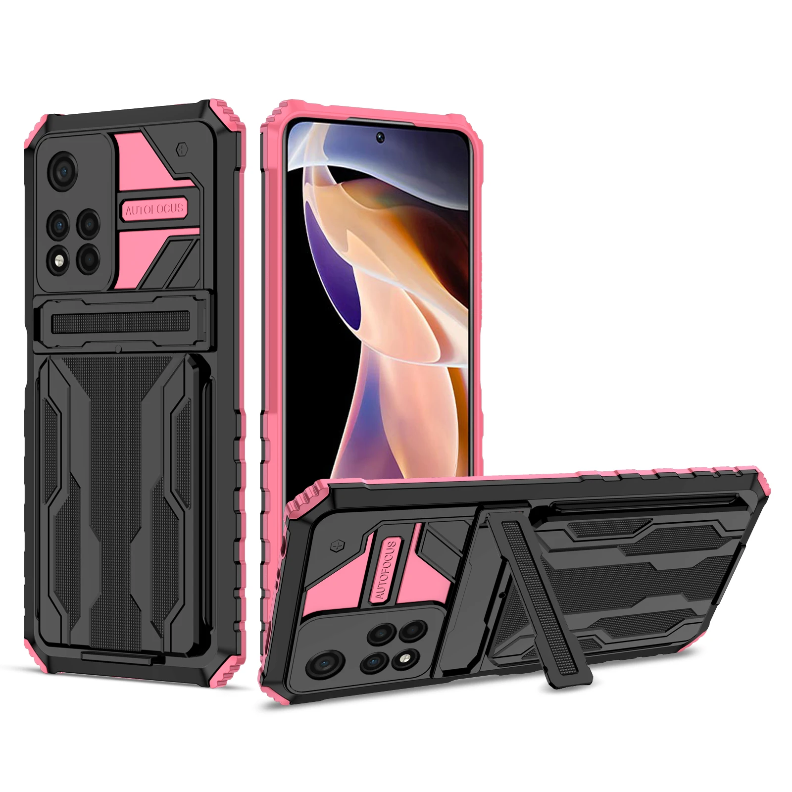 

Luxury TPU PC Hybrid Shockproof Phone Case with Detachable Card Holder and Kickstand For XIAOMI Redmi NOTE 11 PRO 5G, As pictures