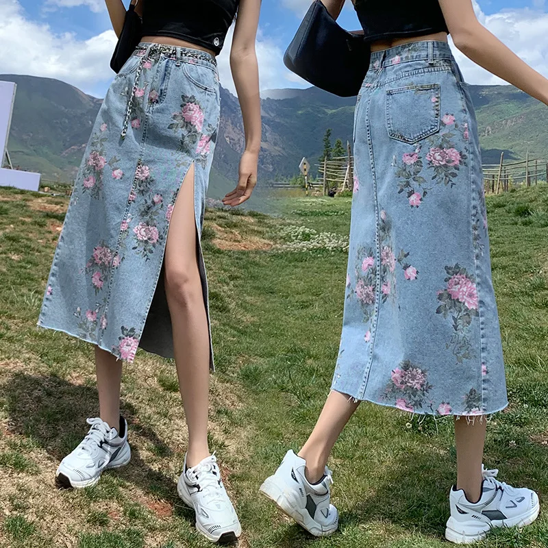 S-5XL Split Print Denim Skirt High Waist A-line Wrapped Hip Skirt Loose Large Medium Length Skirt