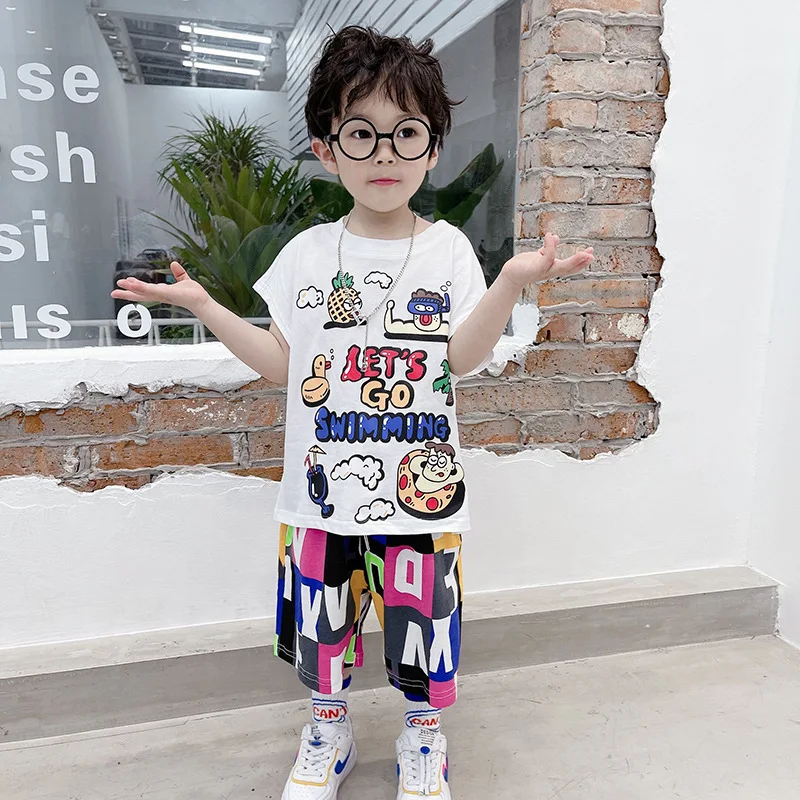 

New style summer Boys cute printing cool short sleeve T shirt and shorts 2 pieces clothing set for kids, Picture shows