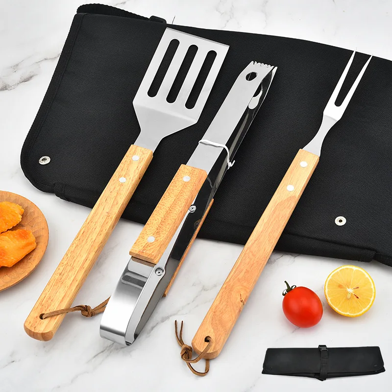 

High Quality Pack of 3pcs Barbecue Accessories Grilling Tools Carry Bag Stainless Steel Wooden Handle BBQ Grill Tool Set