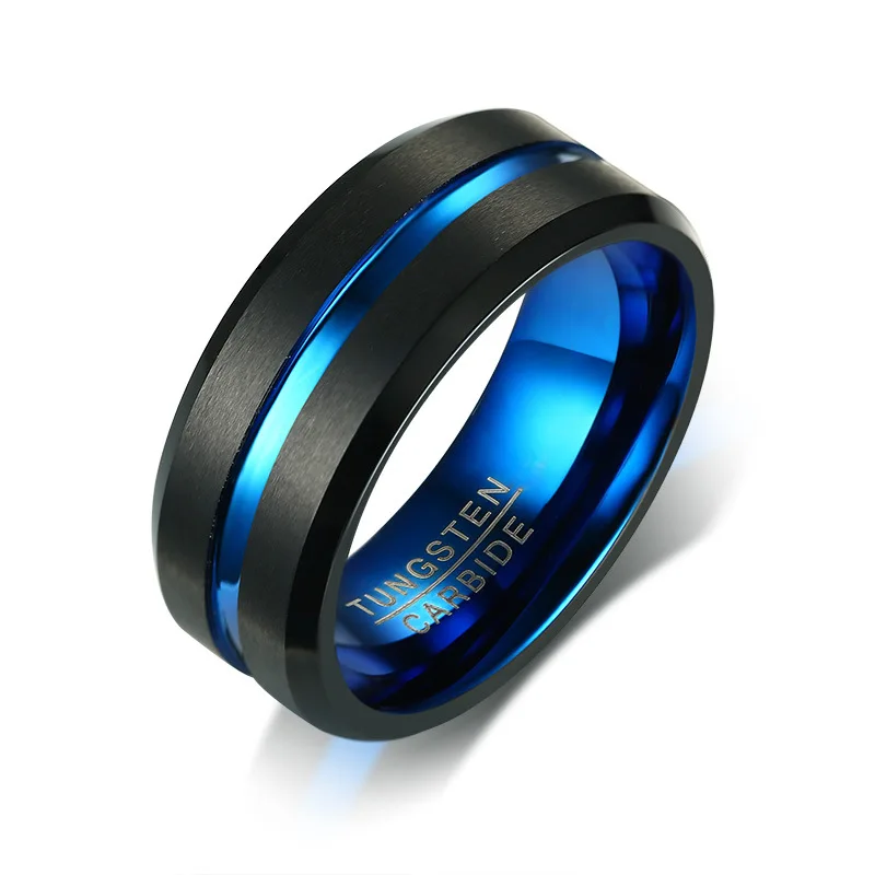 

Wholesale Latest Fashion Jewelry High Grade 8mm Men Gold Line Ring Man Black Matte Two Tone Tungsten Custom Ring, Black, gold, rose, blue, silver