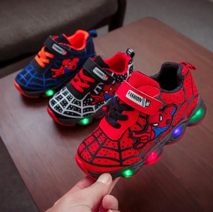 

led bright spiderman children shoes boys and girls lightweight children's bright sports shoes mesh led lightweight shoes, As pictures