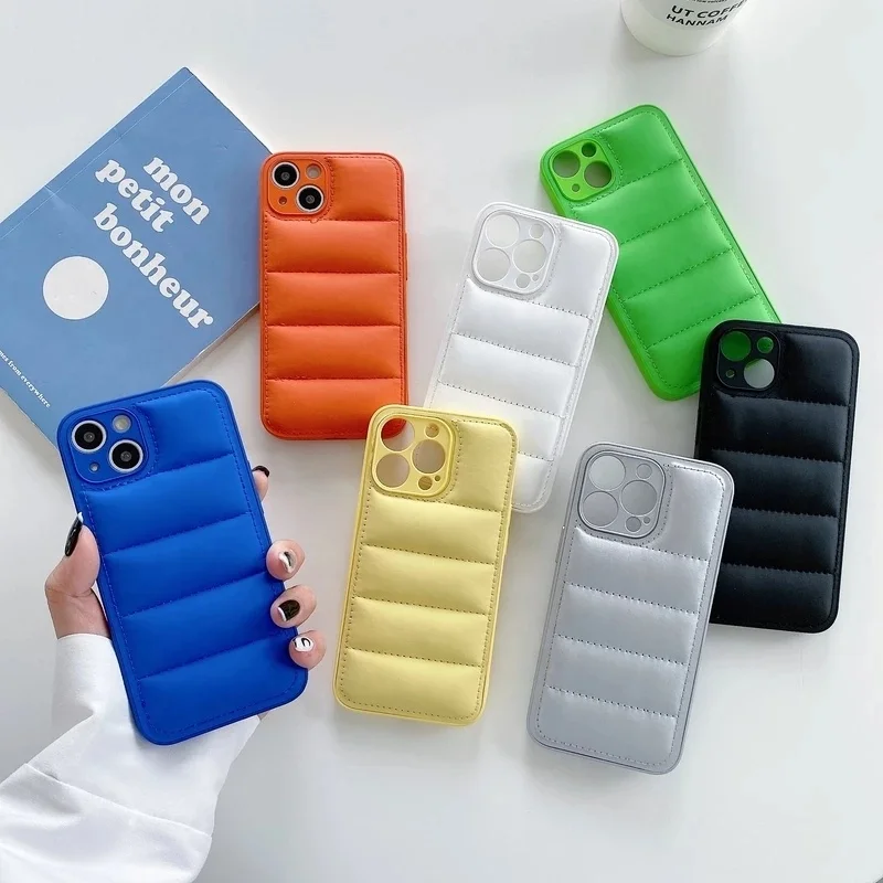 

Luxury Leather Down Jacket Puffer Phone Case For iPhone 13 12 11 Pro Xs Max X Xr 7 8 Puls SE Candy Color Shockproof Cover, Accept customized