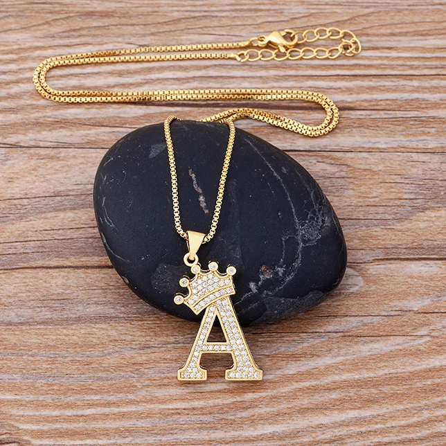 

New Luxury Copper Zircon A-Z Crown Alphabet Pendant Chain Necklace Punk Hip-Hop Style Fashion Woman Man Initial Name Jewelry